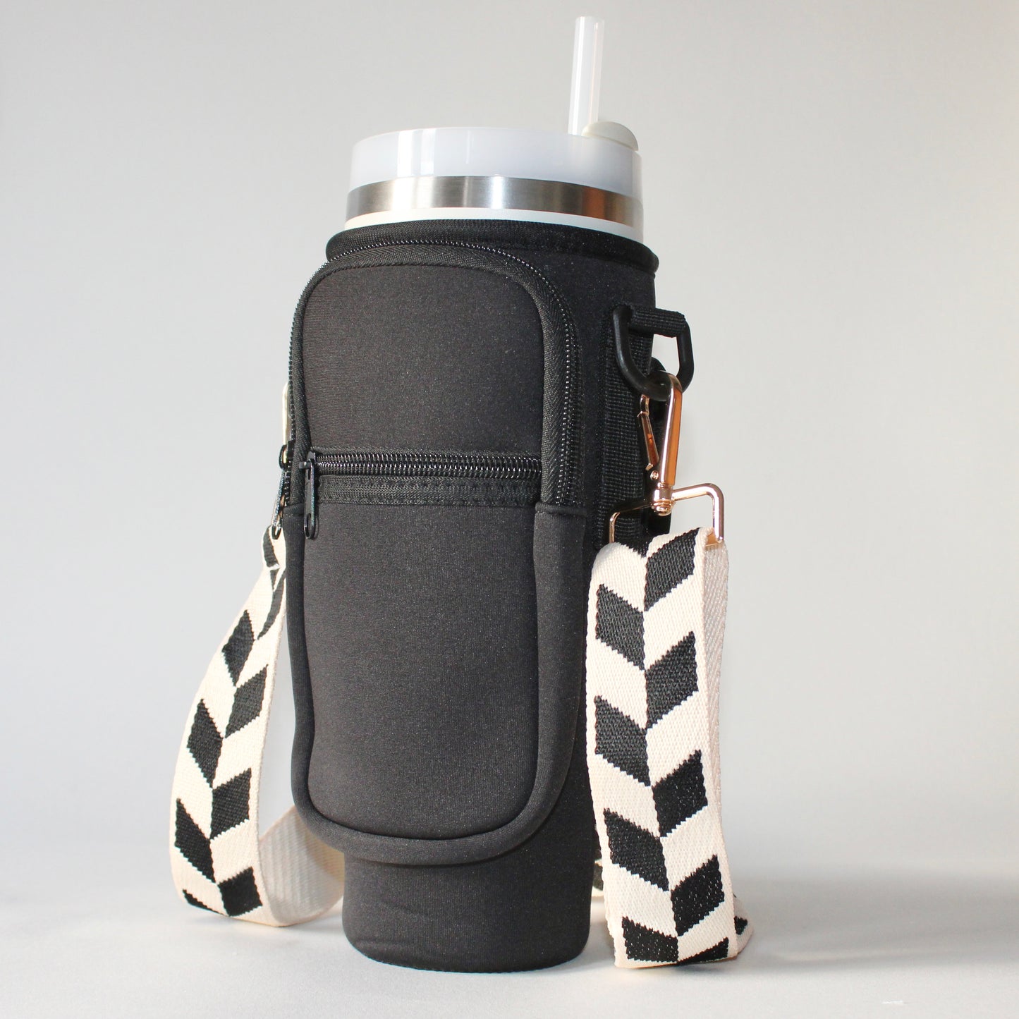 1.2L Black Bottle Carrier with Check Strap