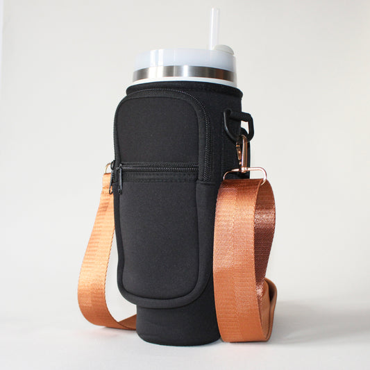 1.2L Black Bottle Carrier with Mocha Strap